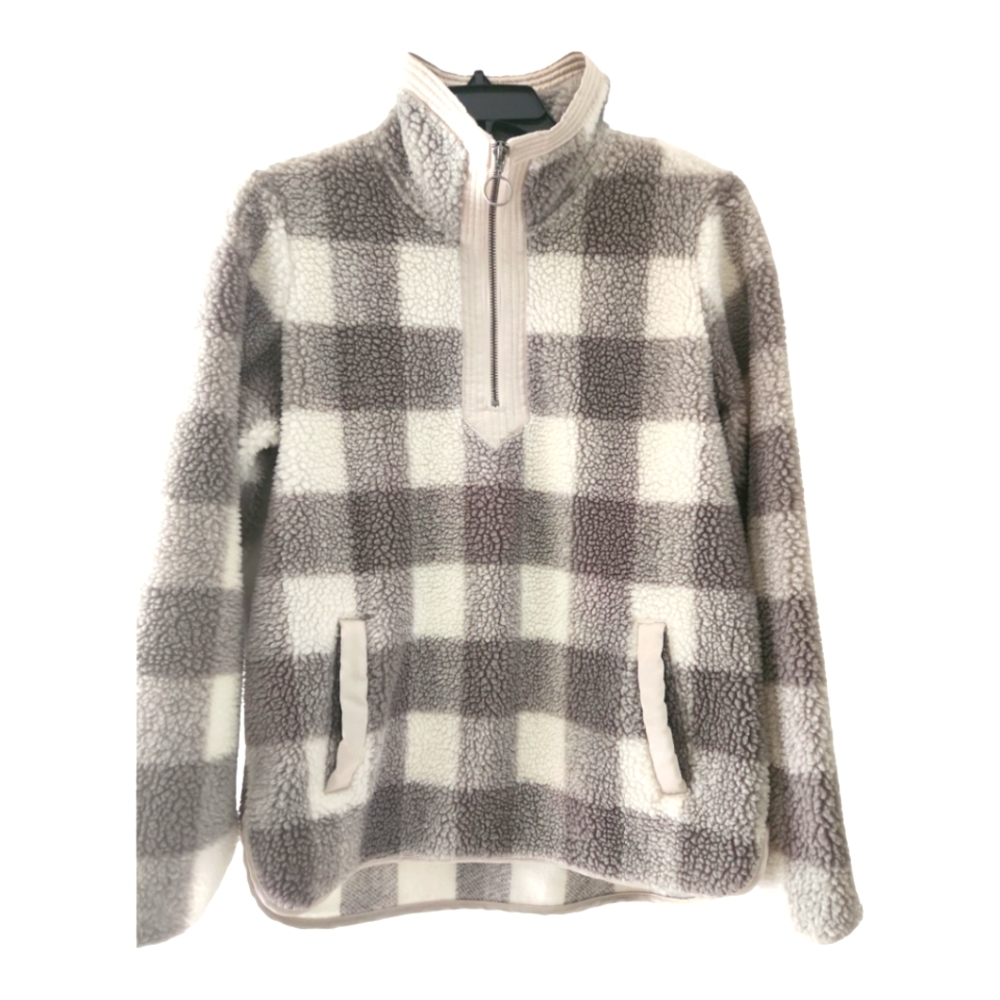 Abercrombie Fitch Sherpa Fleece quarter Jacket Sz S  Buffalo Plaid Grey/White